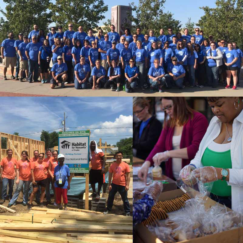 A photo collage of First National Bank employees volunteering in the community